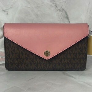 Michael Kors Small Envelope Crossbody Pink & Brown MK Signature Logo Primrose